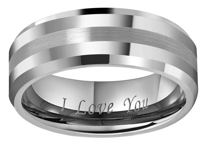 CROWNAL 6mm 8mm 10mm Tungsten Carbide Wedding Band Ring Engraved I Love You Men Women Brushed Strip Beveled Edge (10mm,17) - Image 2